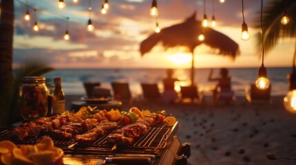 Beachside barbecue at sunset with bokeh lights and tropical ambiance.