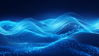 Blue digital particles wave flow, Digital cyberspace abstract background