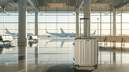 Silver travel suitcase in the waiting room of the airport terminal building