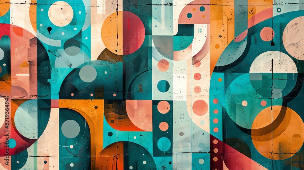 Poster vibrant abstract geometric pattern with colorful circles and shapes, perfect for modern artistic bac