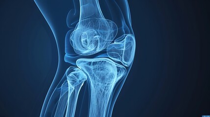 Detailed X-Ray of Human Knee Showing Patella and Ligaments on Dark Blue Background
