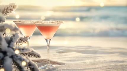 Two festive cocktails on snowy beach with ocean view, blending holiday and tropical vibes. Perfect winter vacation scene.