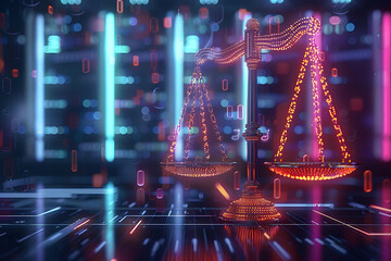 digital law concept with scales of justice on data center background glowing binary code 3d illustration