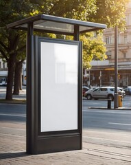 Blank white vertical digital billboard poster on city street sign at afternoon. Street advertising bus stop mockup. Ai Generative.