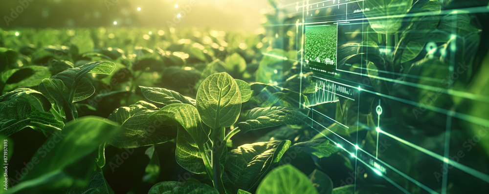Poster soybean field with digital data overlay in sunlight. smart farming with real-time monitoring and dat