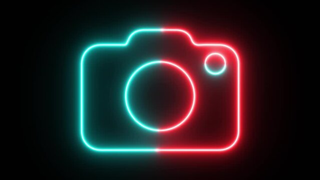 Neon and glowing photo camera icon animation. Glowing sign logo. Luminous signboard camera motion graphics.