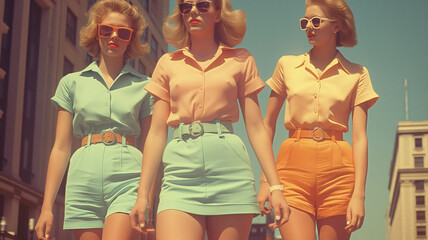 Retro-styled scene of three young women, dressed in retro clothes, walking down city street. 1950s, 1960s. Warm hues postcard