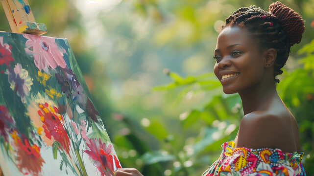 Cheerful African woman with braided hair, wearing a vibrant dress, painting flowers on a large canvas in an outdoor garden setting.