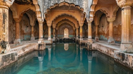 Grand wells in an ancient city, blue water, rich historical significance, detailed architecture, serene and timeless ambiance