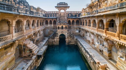 Fototapeta premium Grand wells with blue water in an ancient city, significant historical backdrop, detailed architecture, serene and majestic setting