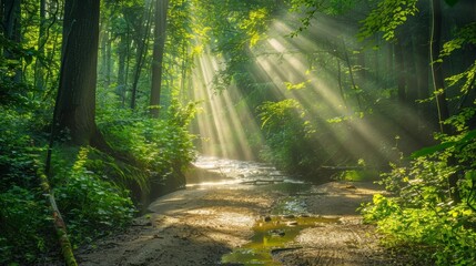 Obraz premium Forest road bathed in sunlight, lush greenery, sun rays piercing through the canopy, sparkling stream nearby, serene and picturesque
