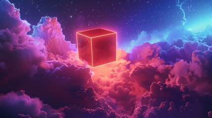 Glowing neon cube floating among illuminated clouds, dark mystical night sky, vivid and surreal, highly detailed, enchanting and otherworldly