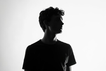 Silhouette of a young man in a black t-shirt on a white background, looking away from the camera in a front view, black and white, isolated on the white background Generative AI © SKIMP Art