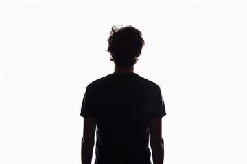 Silhouette of man in black t-shirt on white background, silhouette portrait from the back, minimalism, black and white photography Generative AI