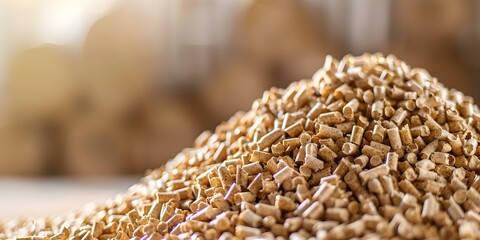 Obraz premium Blurry background with biomass wood pellets pile space for text. Concept Blurry Background, Wood Pellets, Biomass, Space for Text, Eco-Friendly Energy