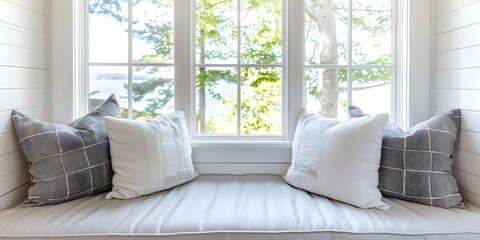 Modern Scandinavian Living Room with Shiplap Ceiling, Bay Windows, Window Seat, and Cushions. Concept Scandinavian Living Room, Shiplap Ceiling, Bay Windows, Window Seat, Cushions