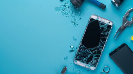 A broken smartphone screen lies on a blue surface surrounded by repair tools