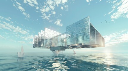 conceptual image of a floating art gallery, its structure made from floating aluminum siding panels that change configuration
