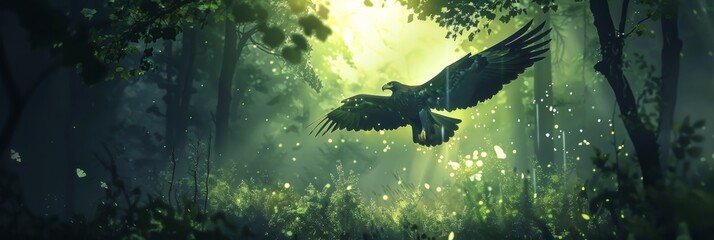 Obraz premium Eagle in flight through a forest, Digital painting, Anime style.