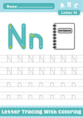 Letter N Uppercase Lowercase Tracing Worksheet with Coloring Apple Activity. A4 Alphabet N Trace Handwriting Printable Vector Illustration. Worksheet for Preschool Kindergarten Kids. Learn To Write.	
