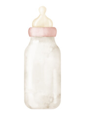 Watercolor Baby Bottle for milk. Hand drawn illustration on isolated background. Object for child food. Drawing for greeting cards or invitations. Plastic element for little Girl. Pastel pink colors.