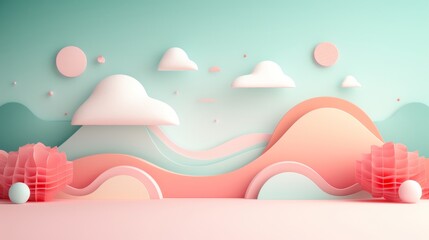 Abstract pastel landscape with clouds and hills in soft pink, peach, and turquoise colors. 3D paper-cut design illustration.