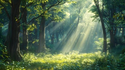Fototapeta premium A beautiful forest with rays of sunlight shining through the trees, creating an enchanting and peaceful atmosphere. The green leaves create a vibrant backdrop for various wildlife to meander.