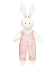 Cute Bunny Toy watercolor illustration in pink cloth. Hand drawn drawing for kid leisure game. Sketch for Baby shower greeting cards or invitations on isolated background. Rabbit or hare for girl. © Alisles