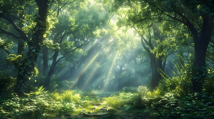 Fototapeta premium A beautiful forest with rays of sunlight shining through the trees, creating an enchanting and peaceful atmosphere. The green leaves create a vibrant backdrop for various wildlife to meander.