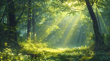 Obraz premium A beautiful forest with rays of sunlight shining through the trees, creating an enchanting and peaceful atmosphere. The green leaves create a vibrant backdrop for various wildlife to meander.