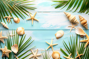 Obraz premium Summer background with green palm leaves shells Flat lay
