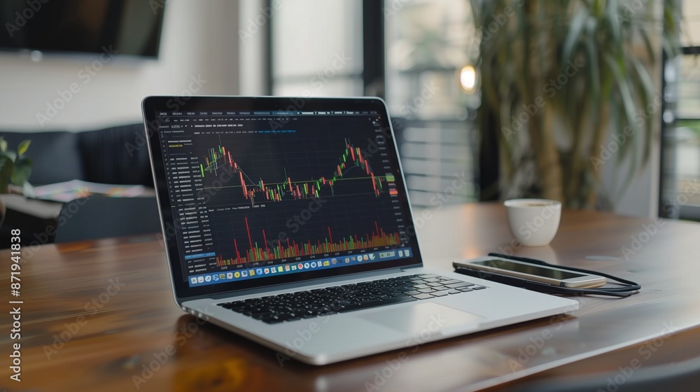 Poster A close-up view of a laptop displaying a stock market chart with green and red lines, sitting on a wooden desk in a modern office setting.