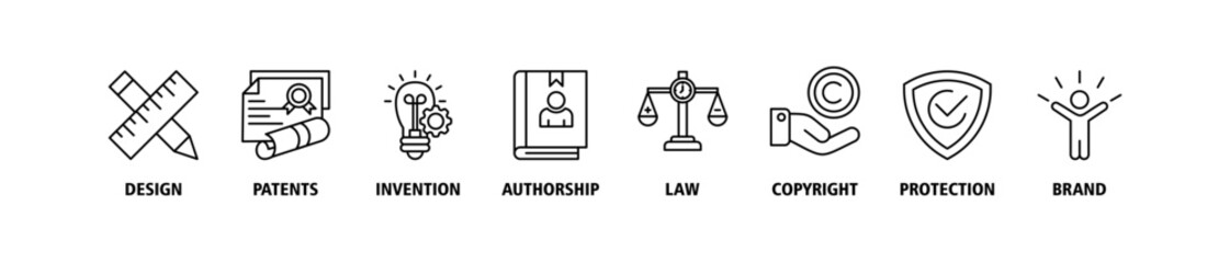 Intellectual property banner web icon set vector illustration concept for trademark with icon of design, patents, invention, authorship, law, copyright, protection, and brand