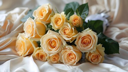 Obraz premium A bouquet of yellow roses, wrapped in white ribbon and placed on the table with satin cloth. The flowers have round petals that give off their fragrance.