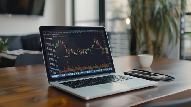 A close-up view of a laptop displaying a stock market chart with green and red lines, sitting on a wooden desk in a modern office setting.