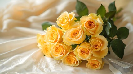 Obraz premium A bouquet of yellow roses, wrapped in white ribbon and placed on the table with satin cloth. The flowers have round petals that give off their fragrance.