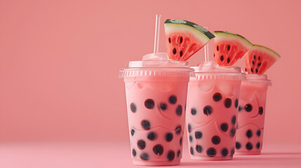 Watermelon boba drink or fruits bubble tea in disposable plastic take away cup. Refreshing cocktail on pink background. Summer iced drink ai generative