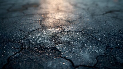 Obraz premium The asphalt road, with cracks and worn areas, illuminated by soft sunlight. The texture is detailed and realistic, showcasing textures that resemble real-life roads.