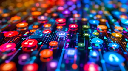 A close-up view of a digital network displaying colorful social media icons in a circular design.