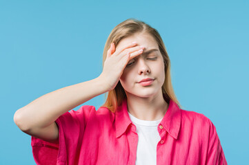 Fototapeta premium Distraught 20s woman, no, she forgot. Girl feeling sorrow,regret, drama, failure