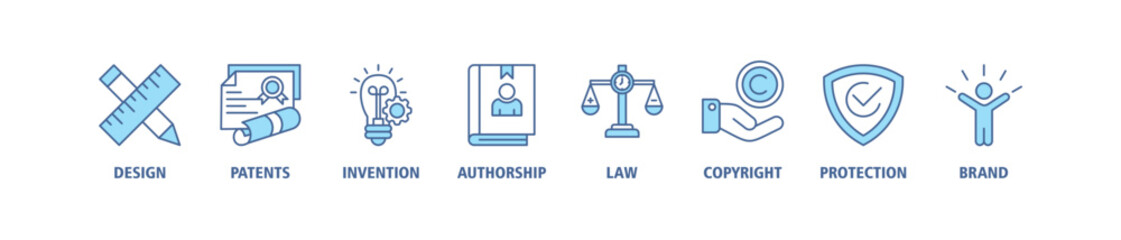 Intellectual property banner web icon set vector illustration concept for trademark with icon of design, patents, invention, authorship, law, copyright, protection, and brand