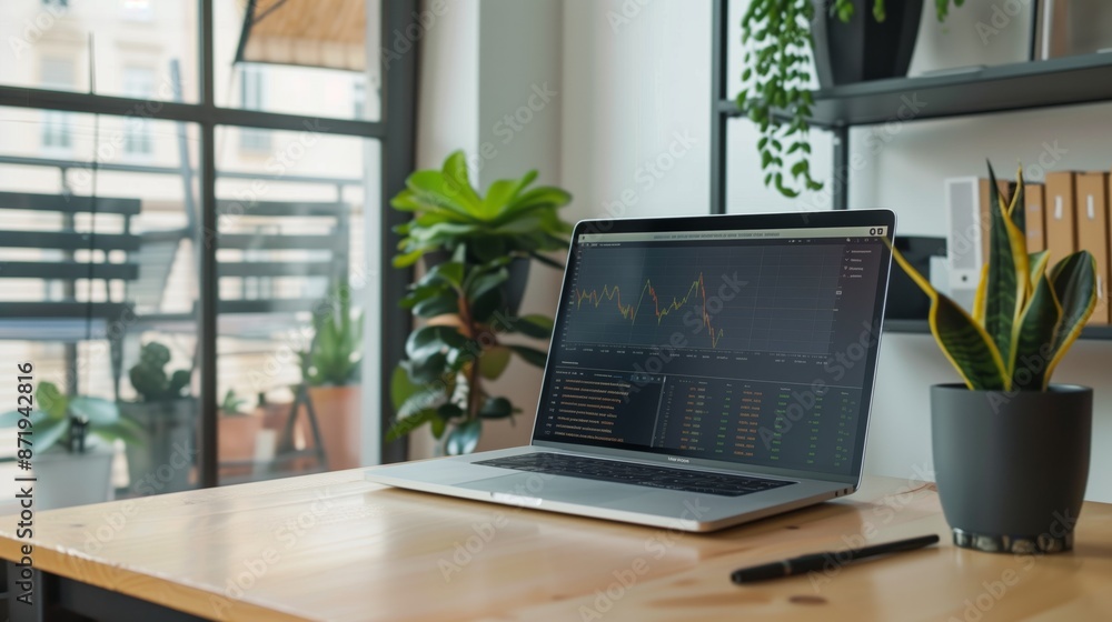Poster a laptop with a stock chart displayed on the screen sits on a wooden desk in a modern office space. 