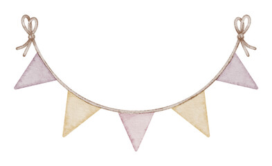 Watercolor Garland with pink and cream pastel color cute triangle Flags. Illustration of Pennant for Baby party design or Banner. Drawing of hanging for childish celebration design. Bunting for girls.