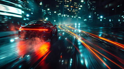 Fototapeta premium a car moving at night, with light trail, 8k uhd