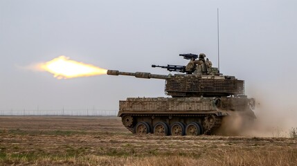 Obraz premium Armored vehicle firing in combat zone
