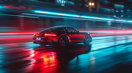 Fototapeta premium a car moving at night, with light trail, 8k uhd
