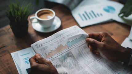 A person sits at a table, reading a financial newspaper with graphs and charts, while enjoying a cup of coffee.