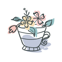Cup symbol clipart composition. Doodle hand drawn decorative ink stroke line flower teacup, black sketch contour, pastel colored cartoon flat design. Vector illustration for interior, poster, web card
