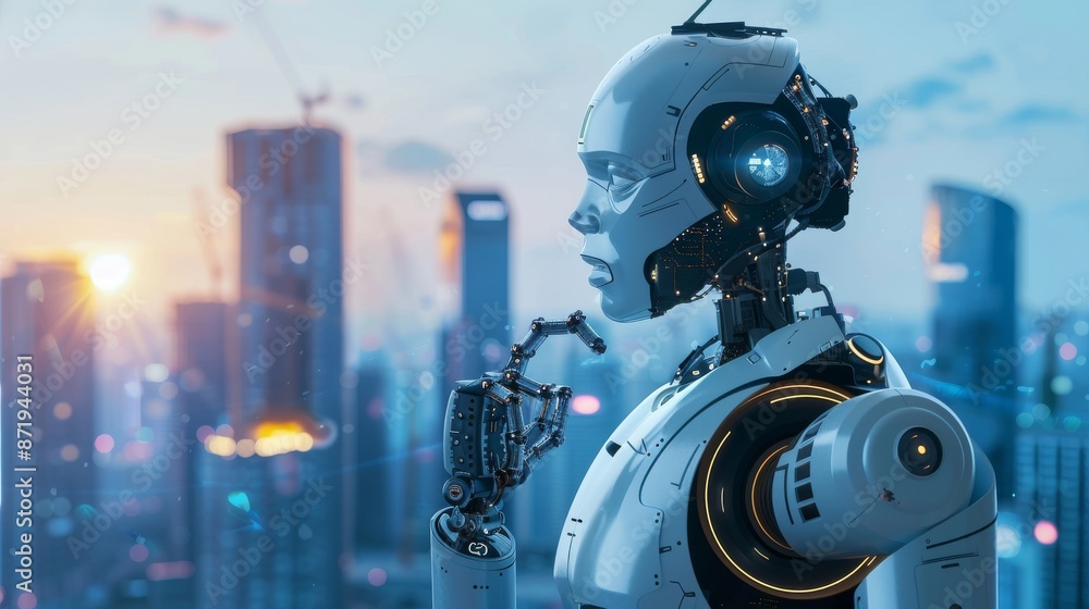 Poster a stock image of an ai robot looking out over a city in the future.