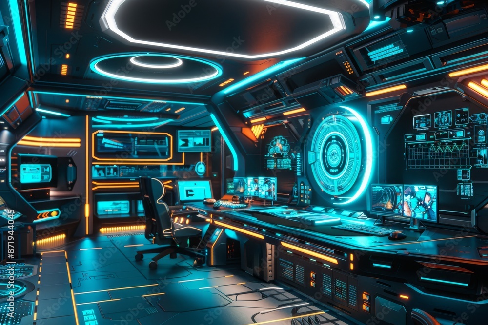 Aufkleber a lab in the interior of a spaceship and a podium for the presentation of a cyberpunk product. high 